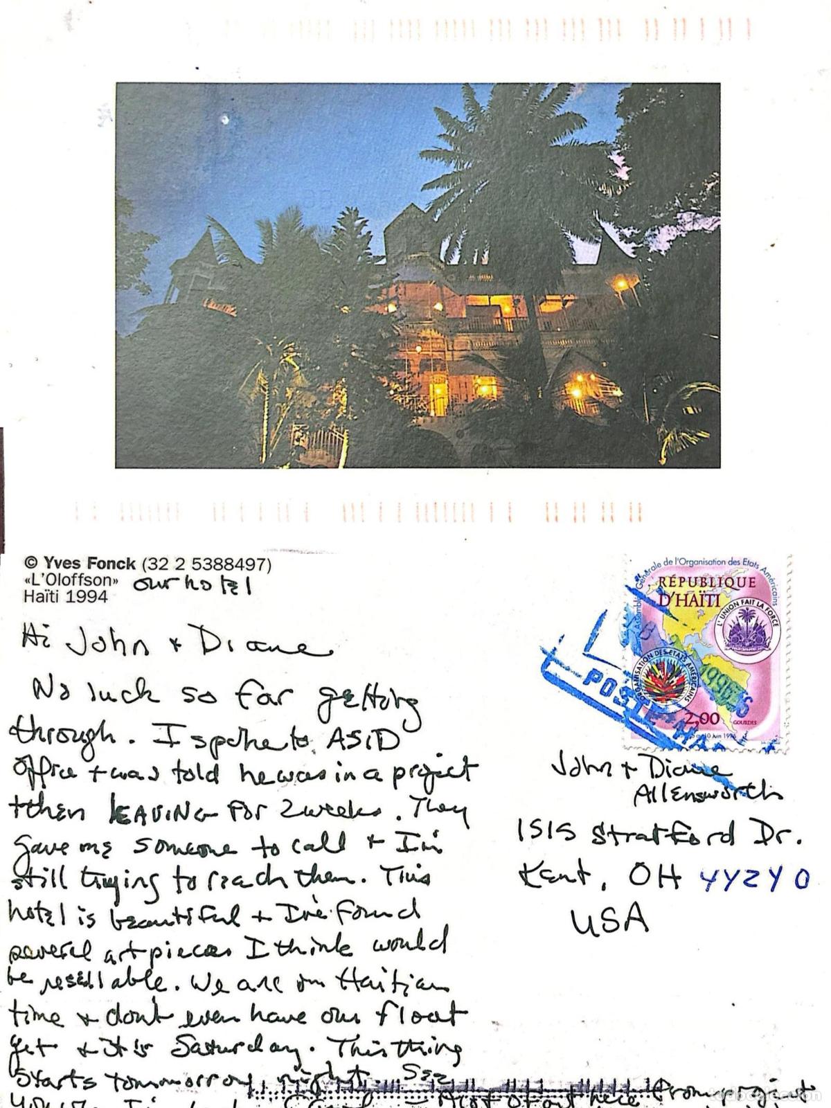 Selos: CMI) 1994. HAITI. POSTCARD. PHOTOGRAPH OF THE HOTEL OLOFFSON. ORGANIZATION OF AMERICAN STATES. SENT