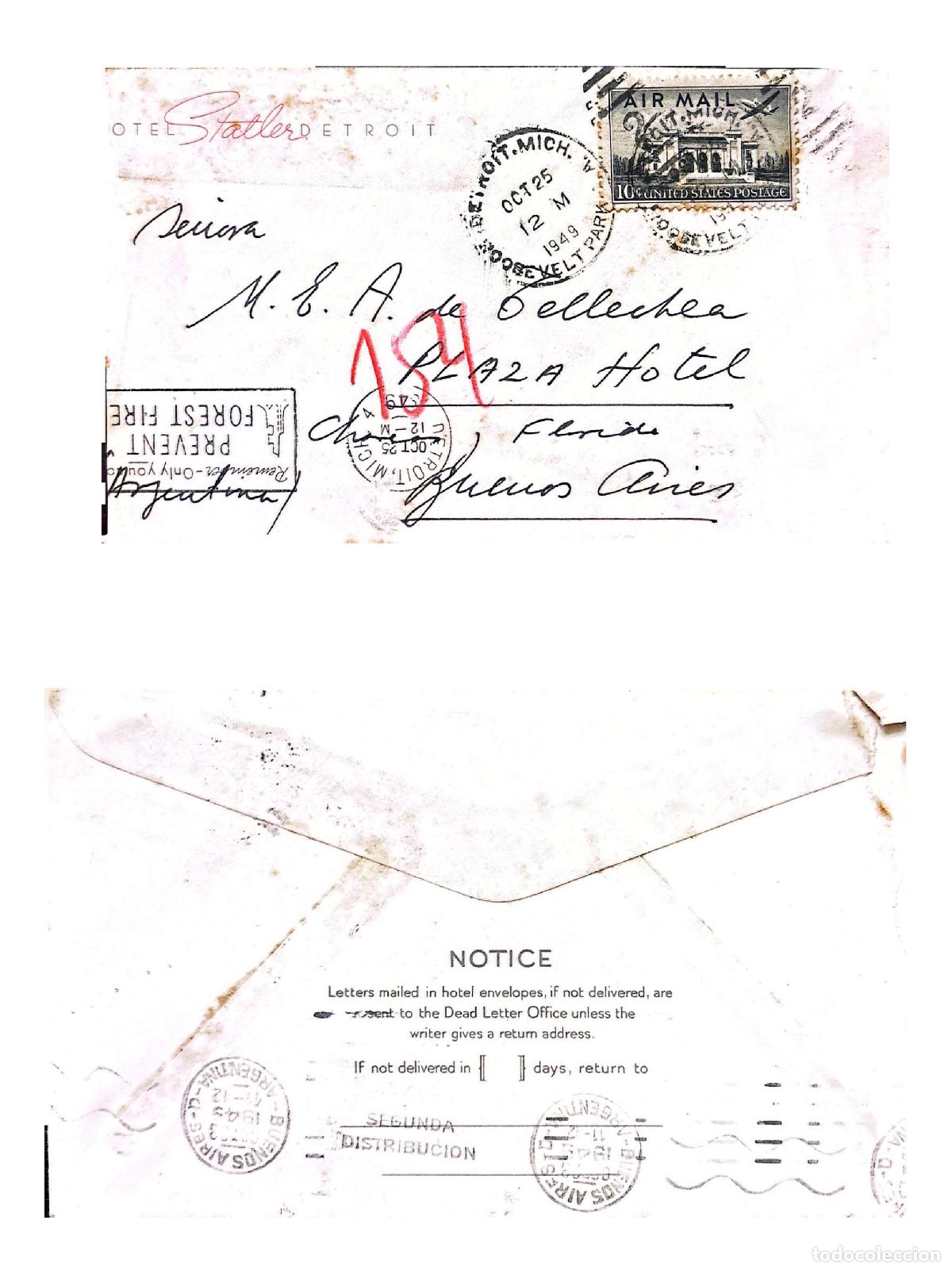 Stamps: CMI) 1949. UNITED STATES. MONUMENTAL ARCHITECTURE. HOTEL STATLER DETROIT ENVELOPE. SENT TO ARGENTINA