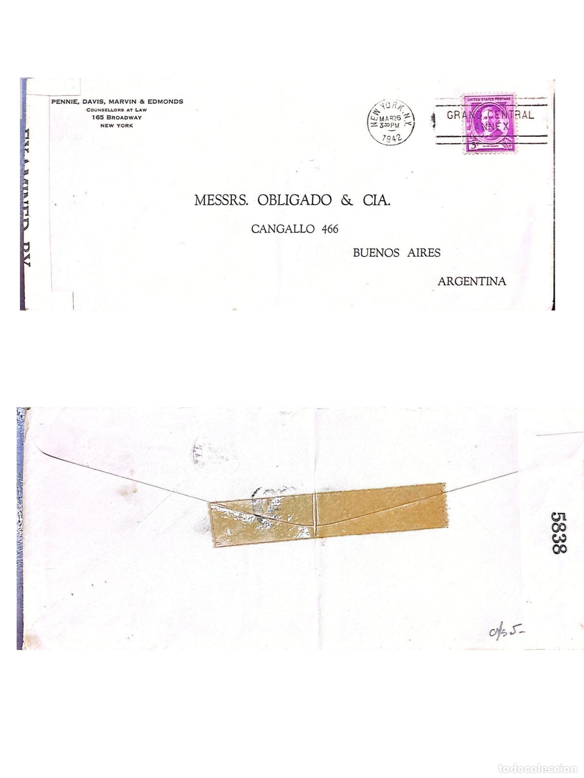Sellos: CMI) 1942. UNITED STATES. HISTORICAL POLITICAL FIGURE. ENVELOPE SENT TO ARGENTINA. FRONT AND BACK. X