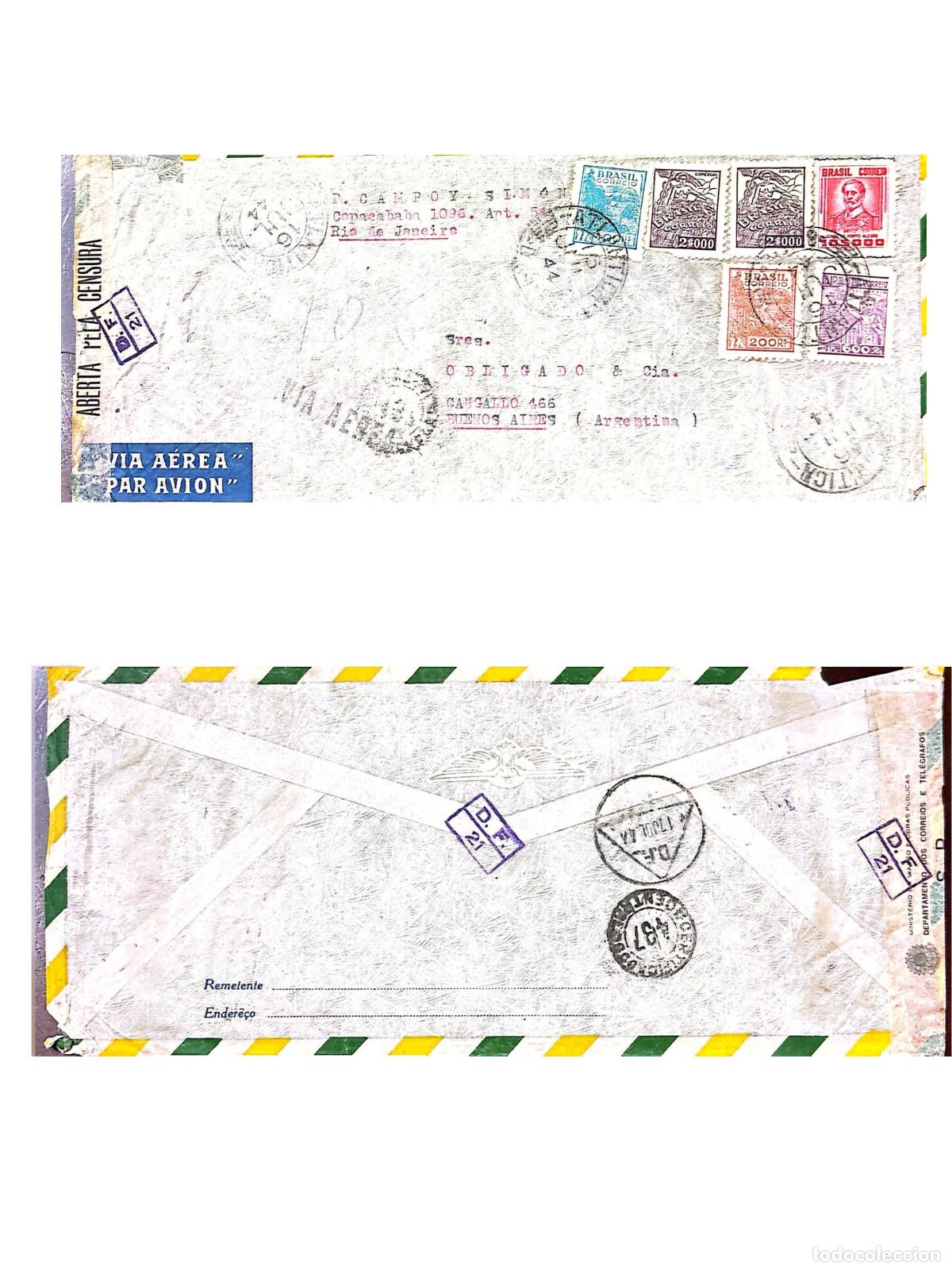 Sellos: CMI) 1944. BRAZIL. ALLEGORICAL FIGURES OF INDUSTRY AND AVIATION. ENVELOPE SENT TO ARGENTINA. FRONT A