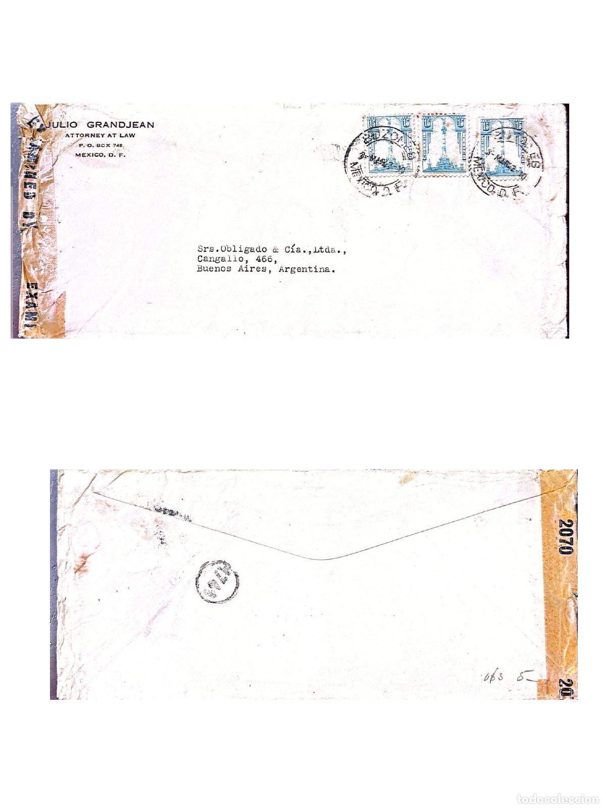 Sellos: CMI) 1943. MEXICO. ARCHITECTURE. COLONIAL NATIONAL MONUMENTS. COVER SENT TO ARGENTINA. FRONT AND BAC