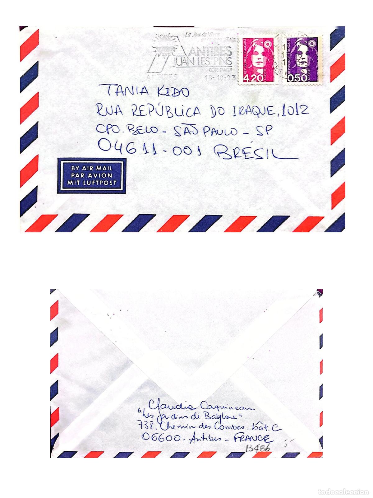 Sellos: CMI) 1993. FRANCE. ICONIC FACE OF MARIANNE. ENVELOPE SENT TO BRAZIL. FRONT AND BACK. XF