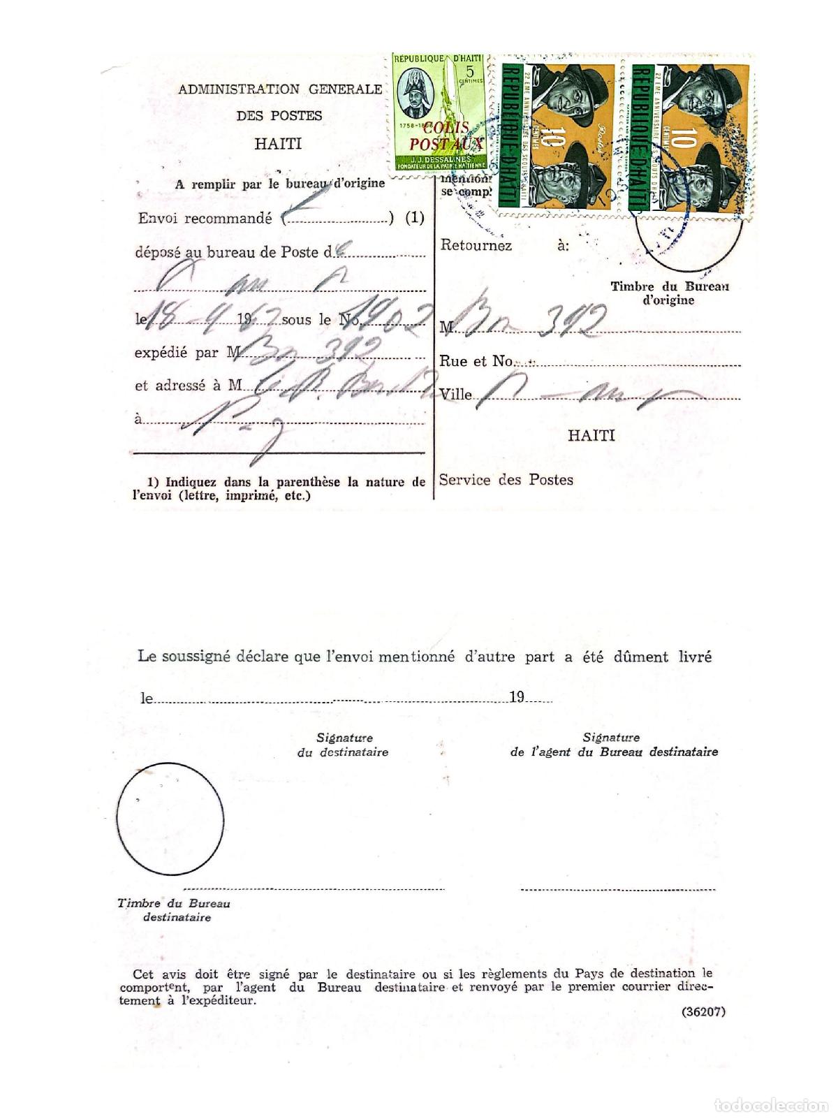Sellos: CMI) 1942. HAITI. OFFICIAL ADVICE OF RECEIPT FORM. HISTORICAL PORTRAIT OF JEAN-JACQUES DESSALINES. F