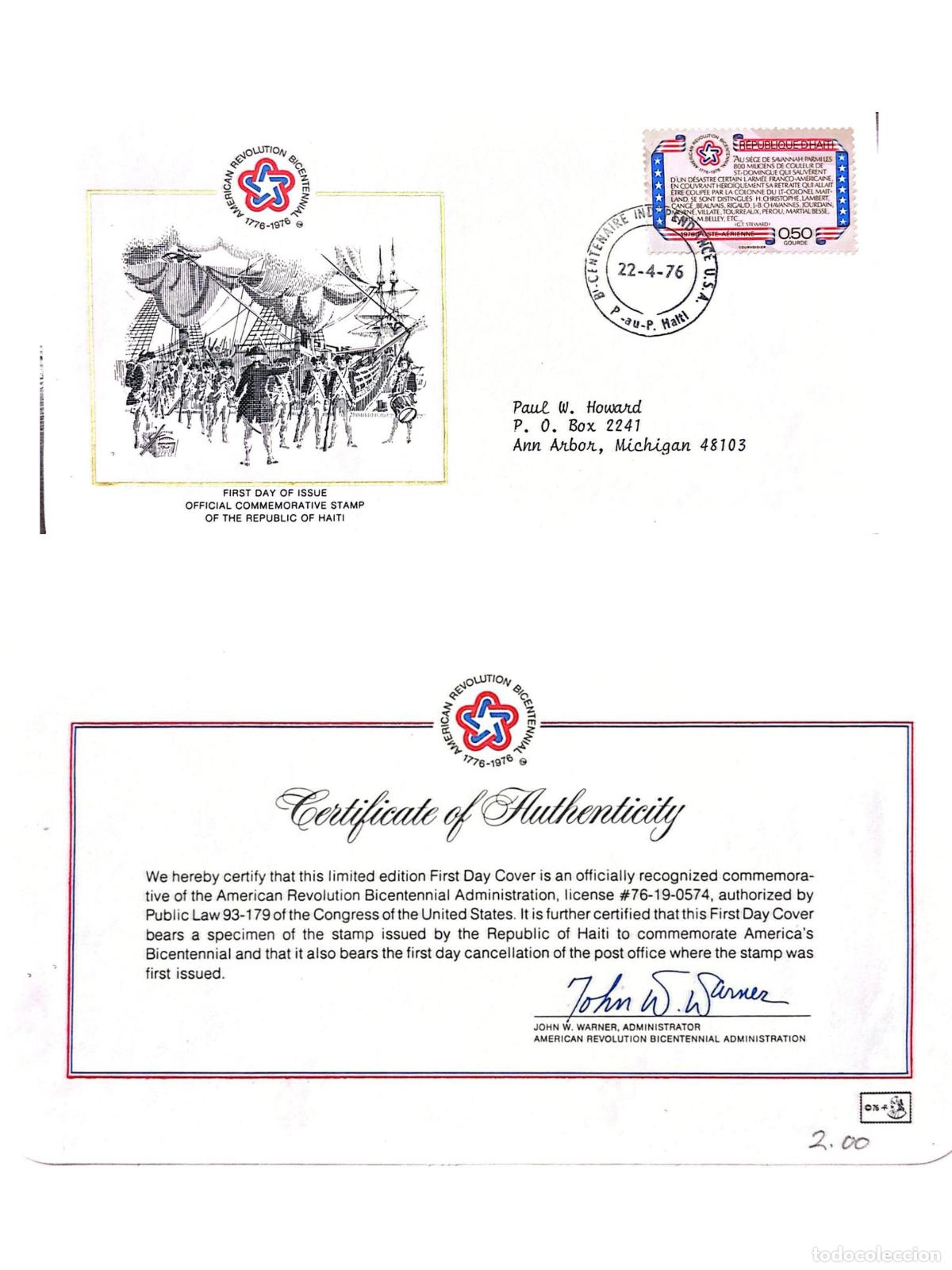 Sellos: CMI) 1976. HAITI. BICENTENNIAL OF THE AMERICAN REVOLUTION. FDC. HISTORIC FRIGATE, SOLDIERS. SENT TO