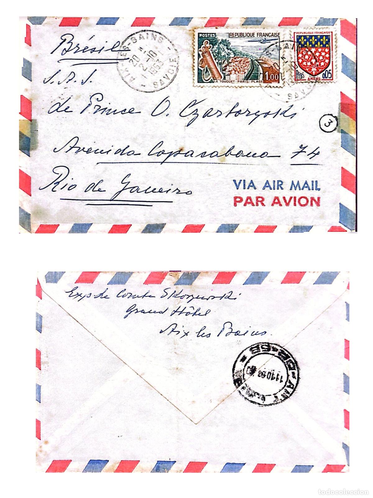 Timbres: CMI) 1953. FRANCE. COAT OF ARMS OF AMIENS. LANDSCAPE OF LE TOUQUET. SENT TO BRAZIL. FRONT AND BACK.
