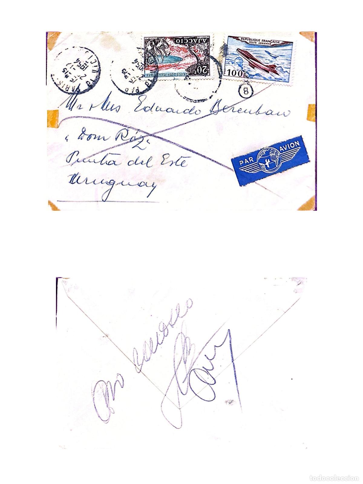 Timbres: CMI) 1954. FRANCE. AVIATION. LANDSCAPE OF AJACCIO. SENT TO URUGUAY. FRONT AND BACK. XF