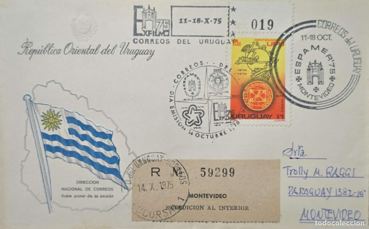 Sellos: CMI) 1975. URUGUAY. CENTENARY OF URUGUAYAN PHILATELY. FDC. MAP AND NATIONAL FLAG. DOMESTIC MAIL. FRO