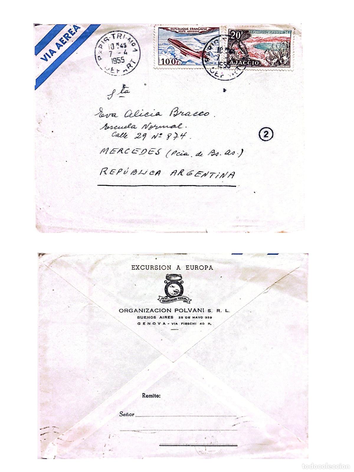 Sellos: CMI) 1955. FRANCE. COMMERCIAL AVIATION. AJACCIO LANDSCAPE. SENT TO ARGENTINA. FRONT AND BACK. XF