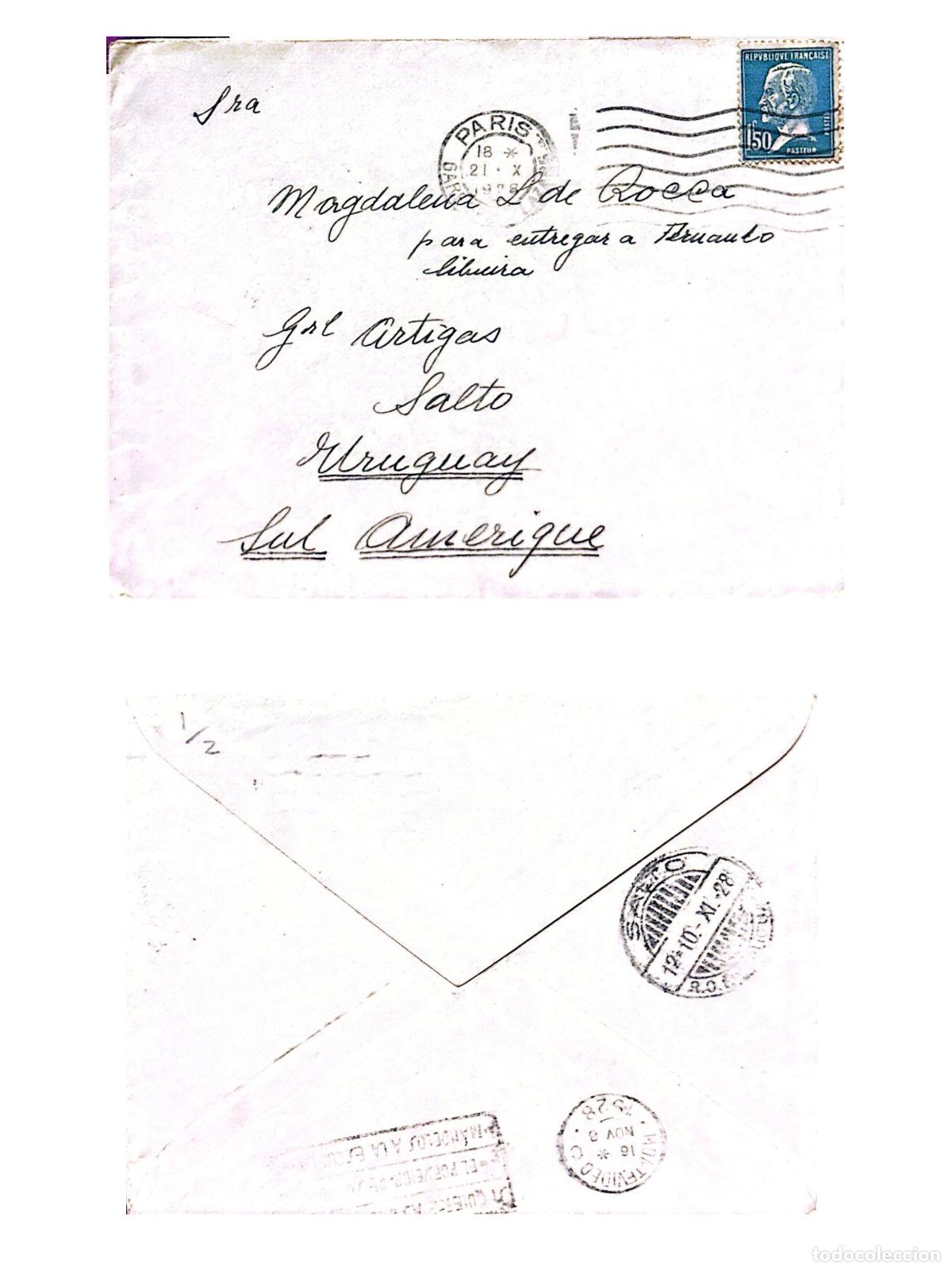 Sellos: CMI) 1928. FRANCE. EFFIGY OF PASTEUR. ENVELOPE SENT TO URUGUAY. FRONT AND BACK. XF