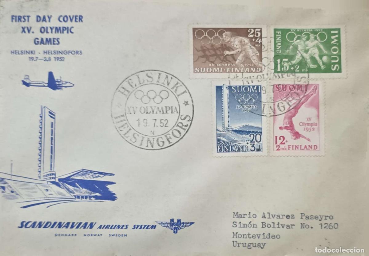 Sellos: CMI) 1952. FINLAND. XV OLYMPIC GAMES IN HELSINKI. FDC. SAS AIRCRAFT FLYING OVER THE OLYMPIC STADIUM.
