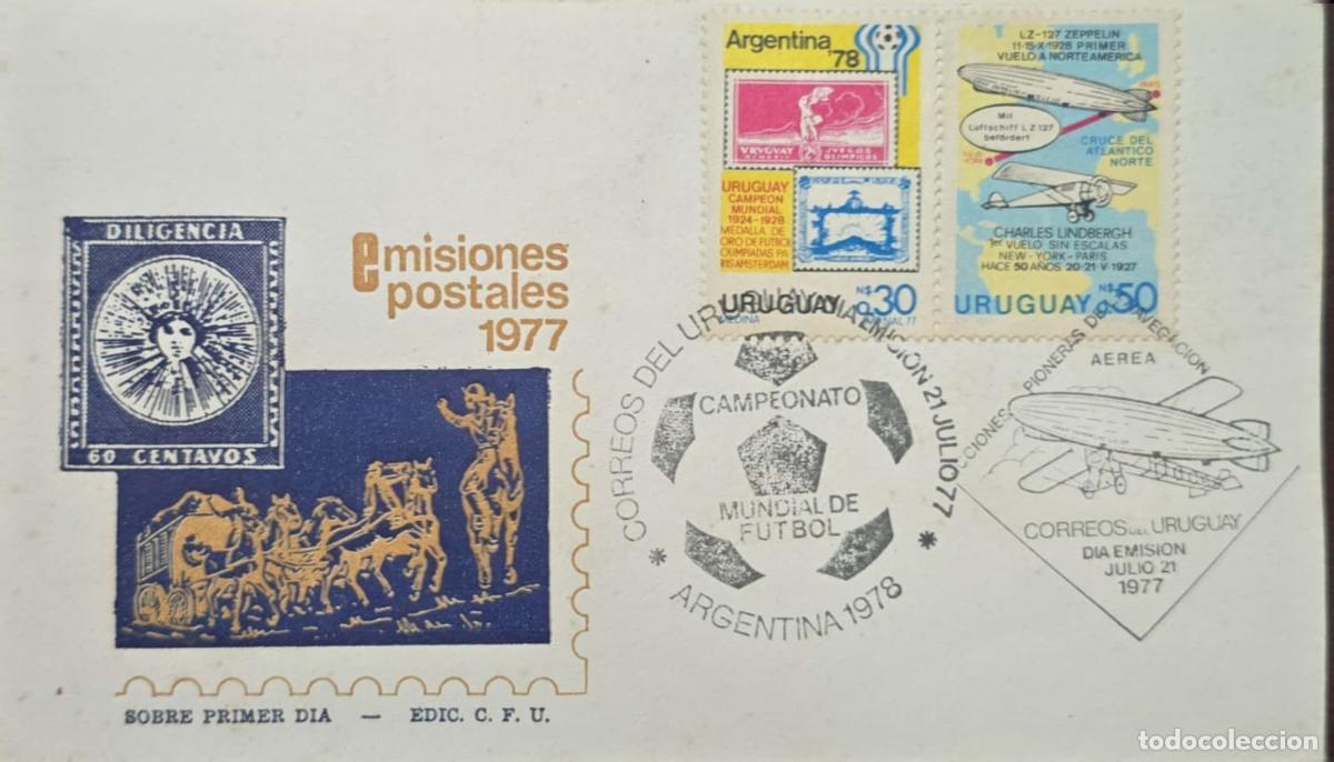 Timbres: CMI) 1977. URUGUAY. WORLD FOOTBALL CHAMPIONSHIP. PIONEERS OF AIR NAVIGATION. FDC. ANTIQUE CART. CLAS