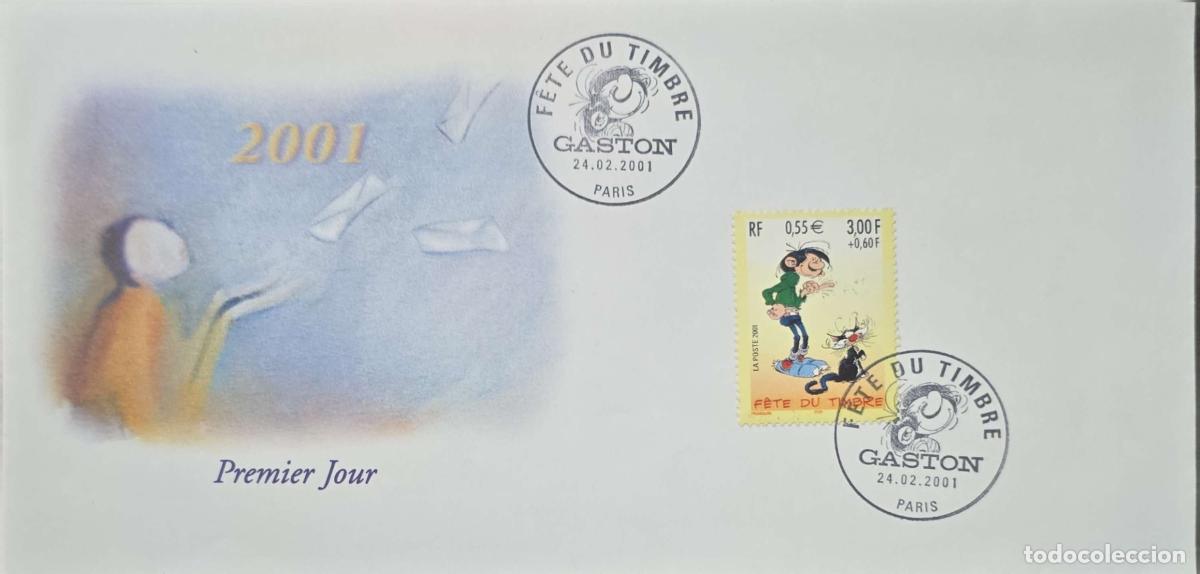 Sellos: CMI) 2001. FRANCE. CARTOON DEPICTING GASTON LAGAFFE AND HIS CAT. FDC. ARTISTIC CACHET: FLYING LETTER