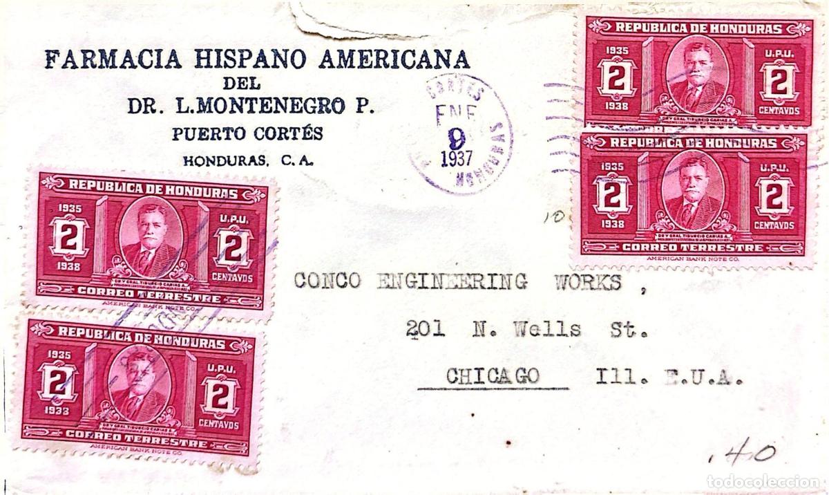 Timbres: CMI) 1937. HONDURAS. COMMERCIAL ENVELOPE. UPU REGULAR SURFACE MAIL SERIES. PORTRAIT OF TIBURCIO CAR&Iacute;