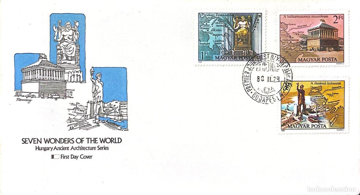 Timbres: CMI) 1980. HUNGARY. STATUE OF ZEUS AND MAUSOLEUM. FDC. THE SEVEN WONDERS OF THE ANCIENT WORLD. XF