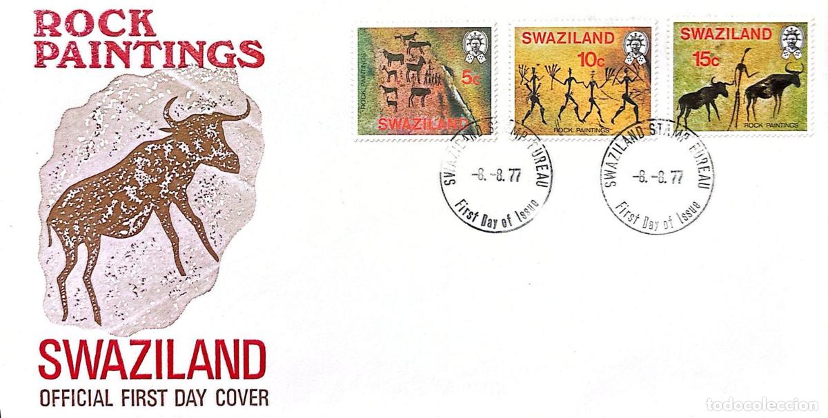 Sellos: CMI) 1977. SWAZILAND. SCENE OF HOUSES AND LIVESTOCK FROM REGIONAL PREHISTORIC ART. FDC. ROCK PAINTIN
