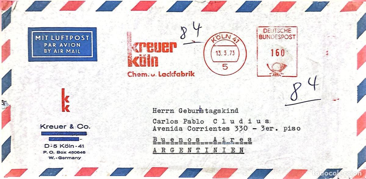 Sellos: CMI) 1973. GERMANY. COMMERCIAL AIRMAIL ENVELOPE. METER FRANKING. SENT TO ARGENTINA. XF