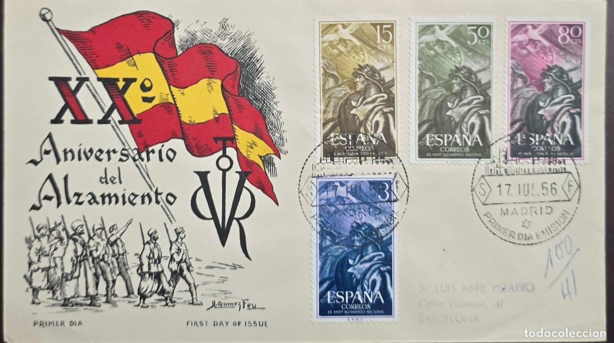 Sellos: CMI) 1956. SPAIN. PROFILES OF SOLDIERS IN COMBAT AND CANNONS. FDC. 20TH ANNIVERSARY OF THE MILITARY
