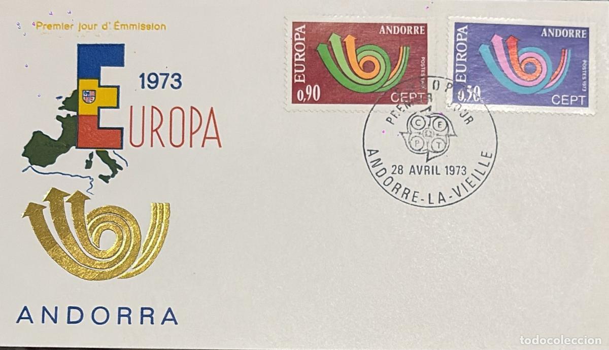 Timbres: CMI) 1973. ANDORRA. INTERTWINED COLORED ARROW. FDC. EUROPEAN MAP WITH THE COAT OF ARMS OF ANDORRA. X