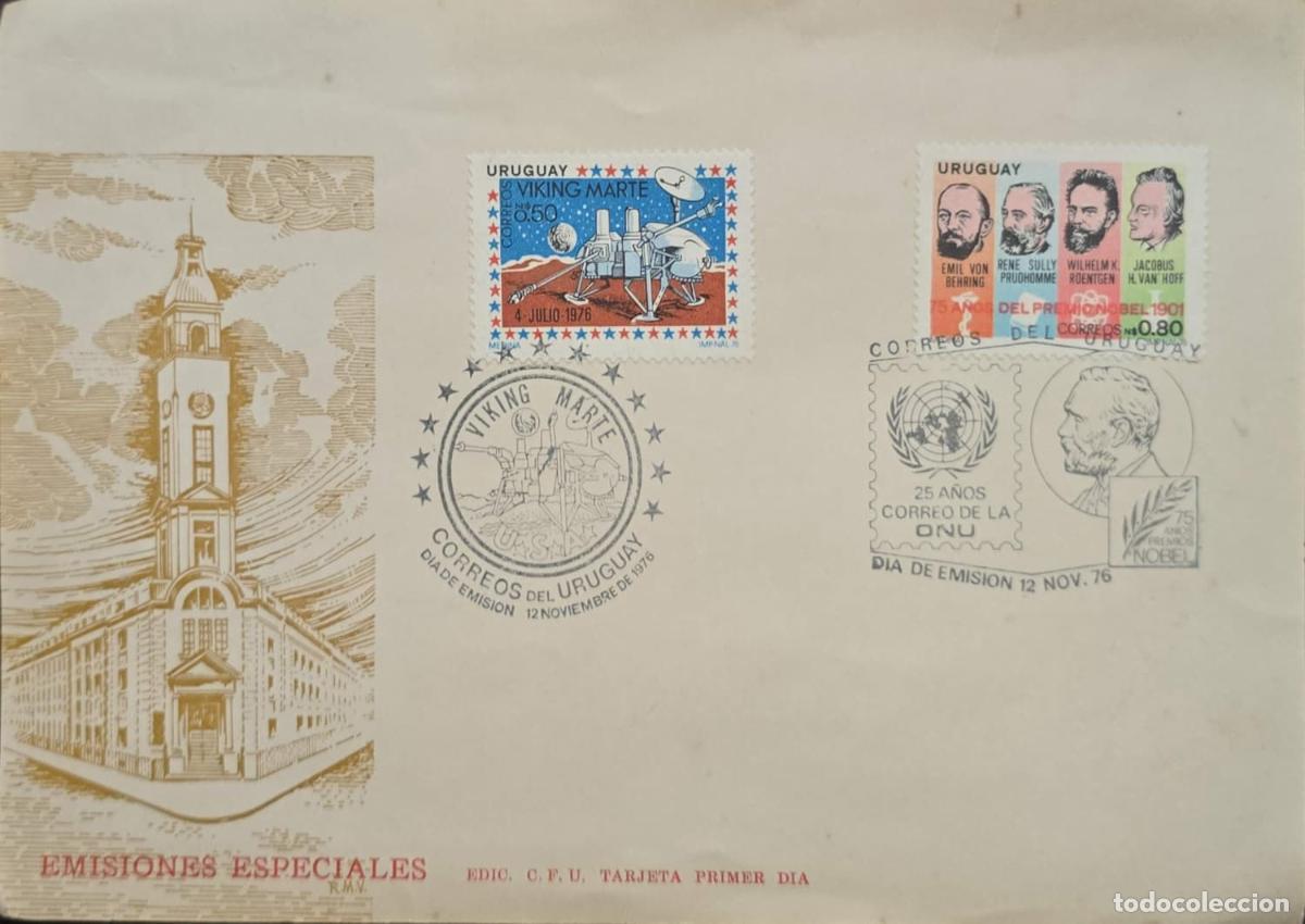 Sellos: CMI) 1976. URUGUAY. POSTCARD. SPACE PROBE ON MARTIAN SOIL. NOBEL PRIZE WINNERS. FDC. THE MYTHS OF SP