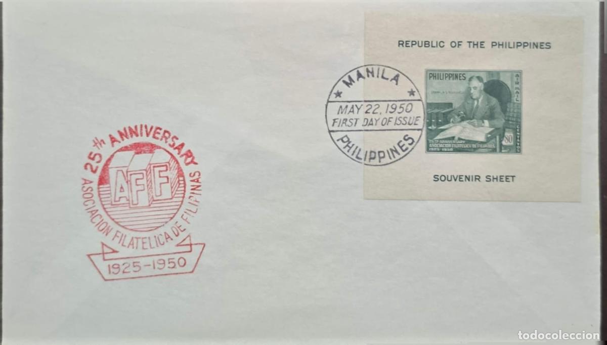 Sellos: CMI) 1950. PHILIPPINES. COLLECTOR EXAMINING PIECES. FDC. 25TH ANNIVERSARY OF THE PHILIPPINE PHILATEL