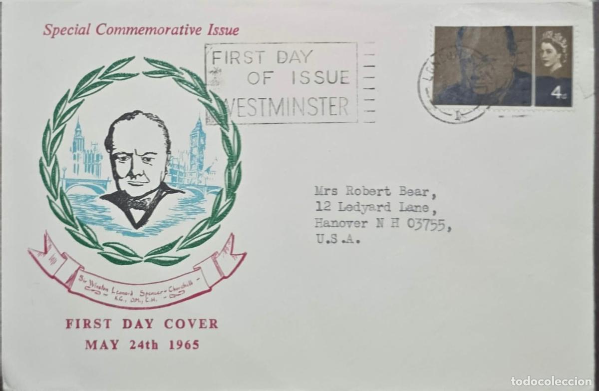 Sellos: CMI) 1965. GREAT BRITAIN. PORTRAIT OF QUEEN ELIZABETH II. FDC. COMMEMORATION OF THE POLITICIAN SIR W