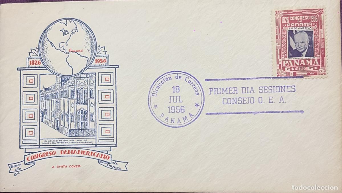 Francobolli: CMI) 1956. PANAMA. PORTRAIT OF FORMER PRESIDENT DWIGHT EISENHOWER. FDC. CLASSICAL BUILDING AND MAP.