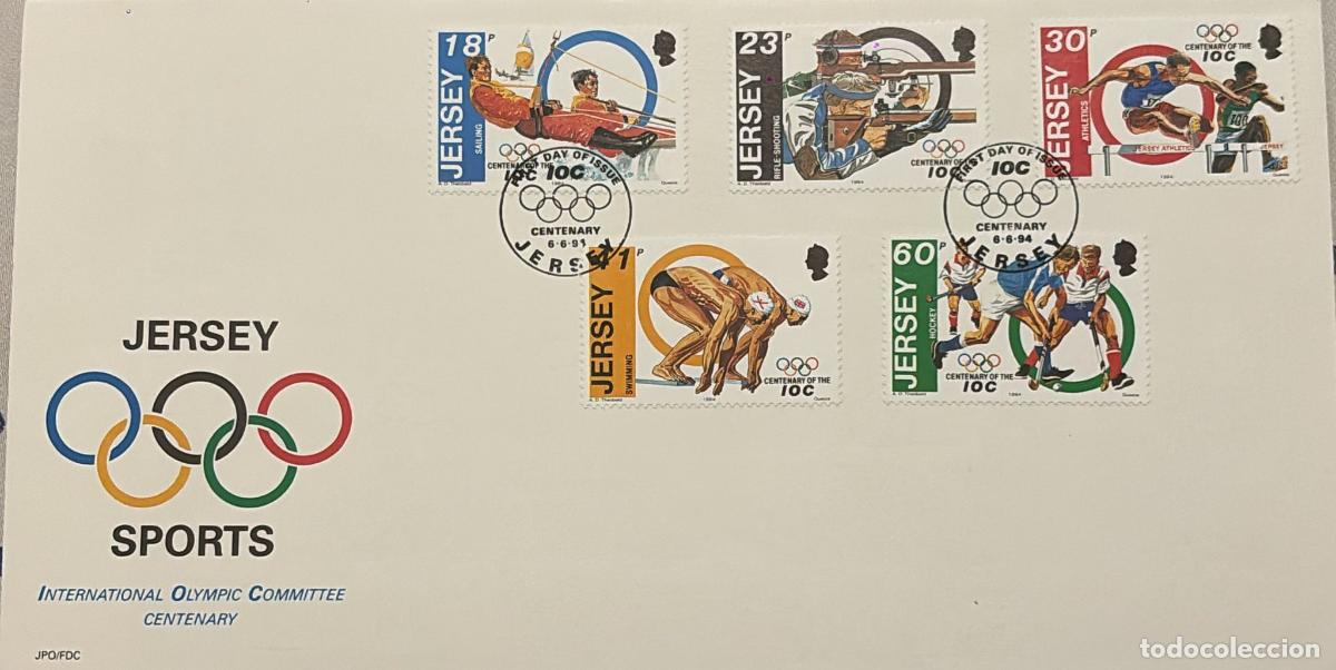 Stamps: CMI) 1994. JERSEY. TRACK & FIELD. HOCKEY. SWIMMING. SAILING. FDC. CENTENARY OF THE INTERNATIONAL OLY