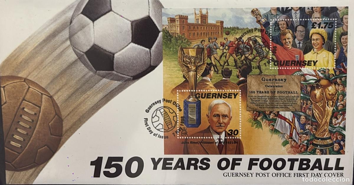 Sellos: CMI) 1998. GUERNSEY. PORTRAIT OF JULES RIMET AND TROPHY. FDC. PHILATELIC TRIBUTE TO 150 YEARS OF FOO