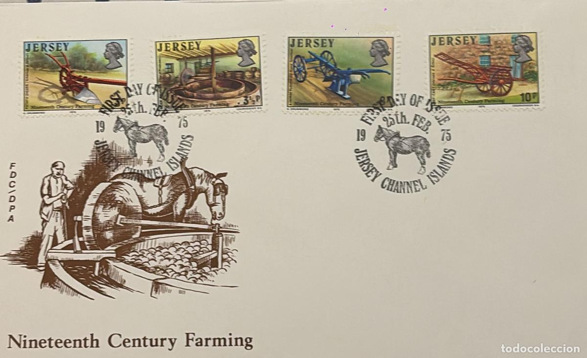 Sellos: CMI) 1975. JERSEY, UNITED KINGDOM. PLOWS AND TRACTION MACHINERY. FDC. HISTORY OF 19TH-CENTURY AGRICU