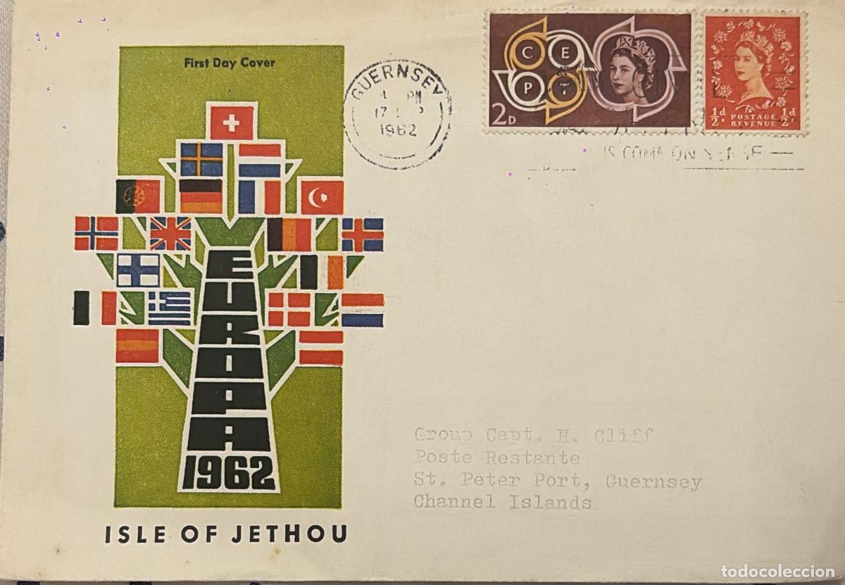 Sellos: CMI) 1962. JETHOU ISLAND, UNITED KINGDOM. PORTRAIT OF QUEEN ELIZABETH II. CEPT LOGOS. FDC. HERALDIC