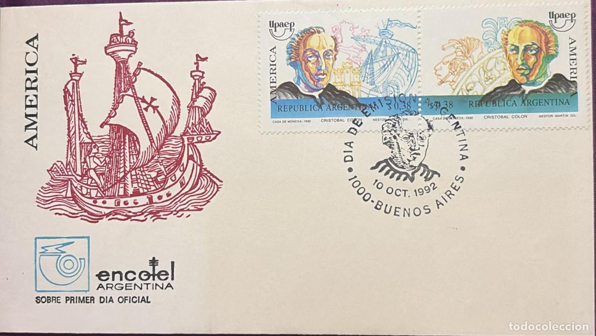 Sellos: CMI) 1992. ARGENTINA. STYLIZED PORTRAIT OF COLUMBUS. FDC. ANTIQUE FRIGATE / CARAVEL. XF