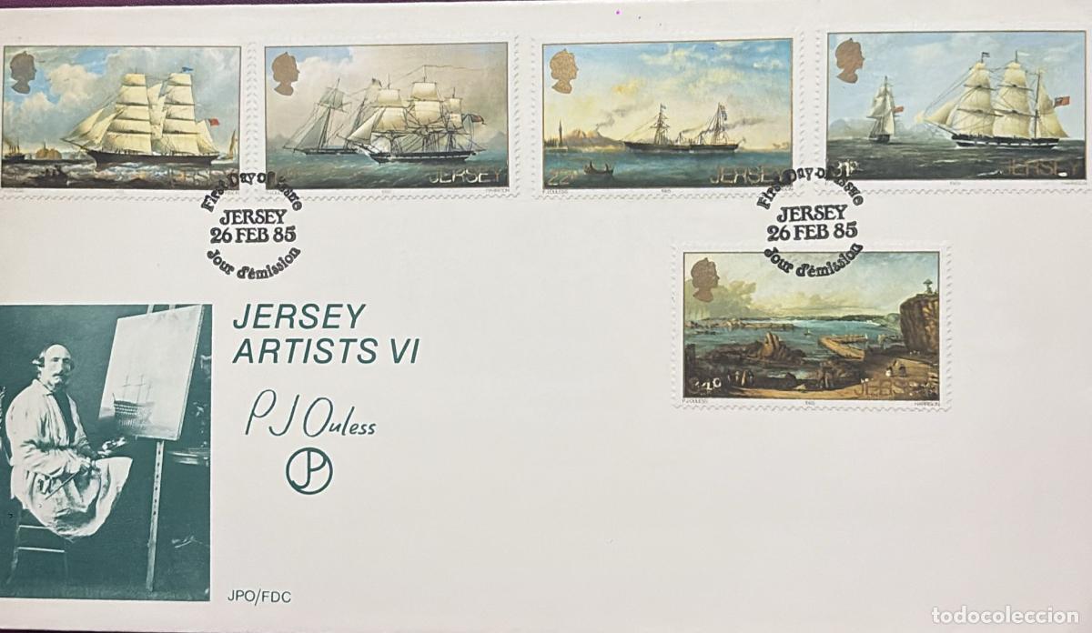 Sellos: CMI) 1985. JERSEY. ART AND NAUTICA. MARINE PAINTINGS OF CLASSIC SHIPS. FDC. VINTAGE PHOTOGRAPH OF TH