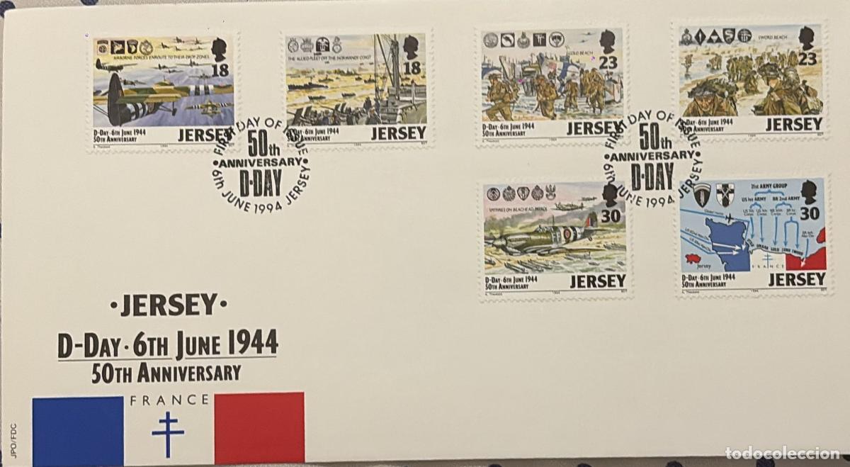 Sellos: CMI) 1994. JERSEY. AIRCRAFT. SPITFIRE AND TROOPS. FDC. WORLD WAR II. 50TH ANNIVERSARY OF THE LANDING