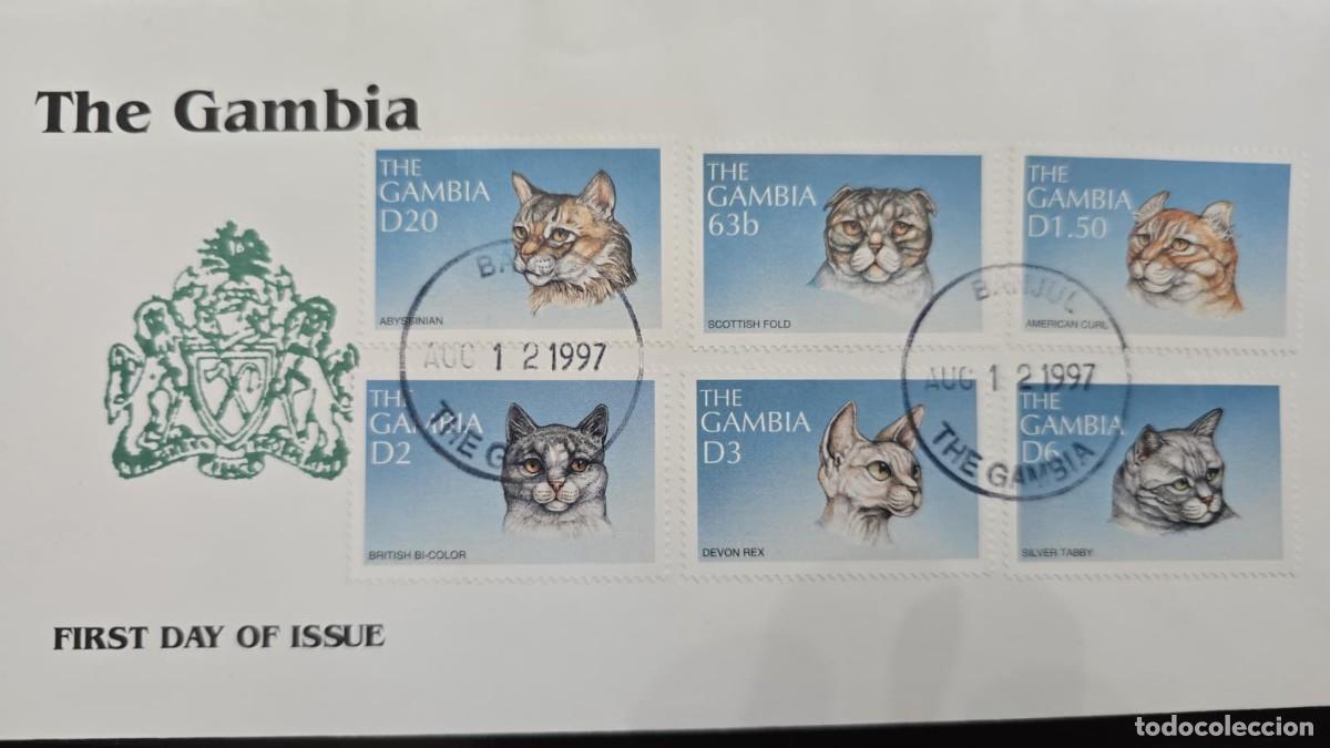 Sellos: CMI) 1997. GAMBIA. FELINE BREEDS. FDC. NATIONAL COAT OF ARMS. XF