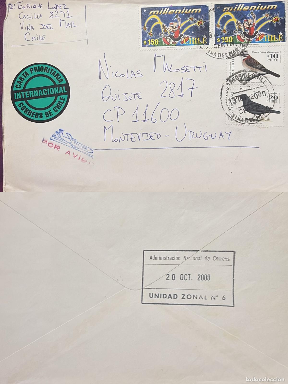 Francobolli: CMI) 2000. CHILE. MILLENNIUM ANIMATED DESIGNS. CHILEAN BIRDS. ENVELOPE SENT TO URUGUAY. FRONT AND BA