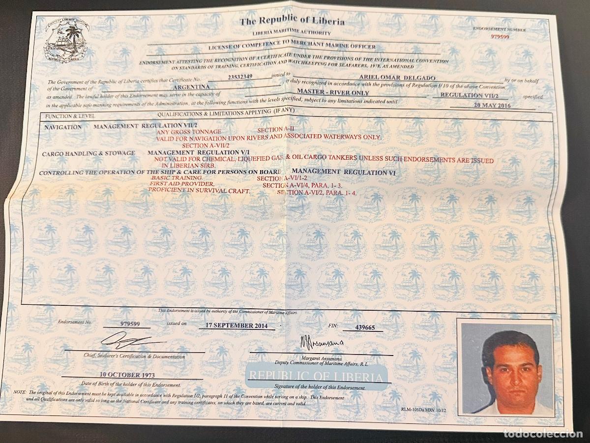 Sellos: CMI) 2014. LIBERIA. PRINTED LICENSE FORM FROM THE MARITIME AUTHORITY. CIVIL DOCUMENT. SENT TO ARGENT