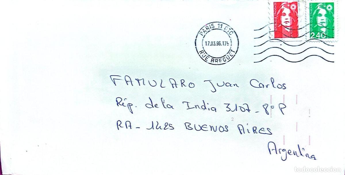Sellos: CMI) 1996. FRANCE. ICONIC FACE OF THE FRENCH REPUBLIC: MARIANNE IN RED AND GREEN. ENVELOPE SENT TO A