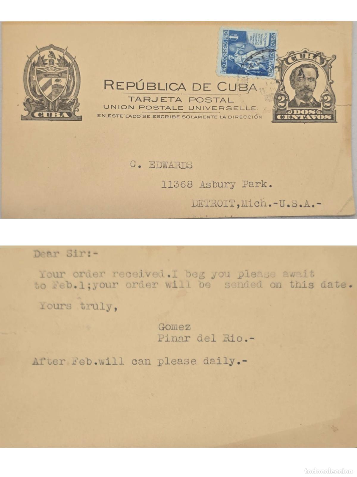 Sellos: CMI) 1910. CUBA. POSTAL STATIONERY CARD. PORTRAIT OF A NATIONAL HERO. SENT TO THE USA. FRONT AND BAC