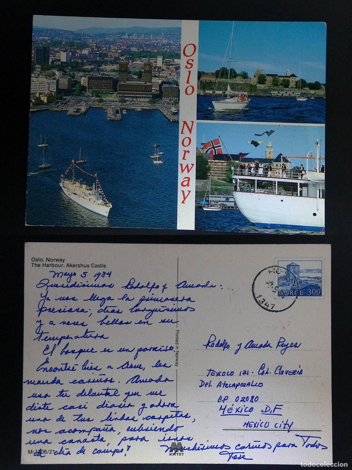 Sellos: CMI) 1984. NORWAY. VIEW OF THE HARBOR AND AKERSHUS CASTLE IN OSLO. POSTCARD. SENT TO MEXICO. FYV. XF