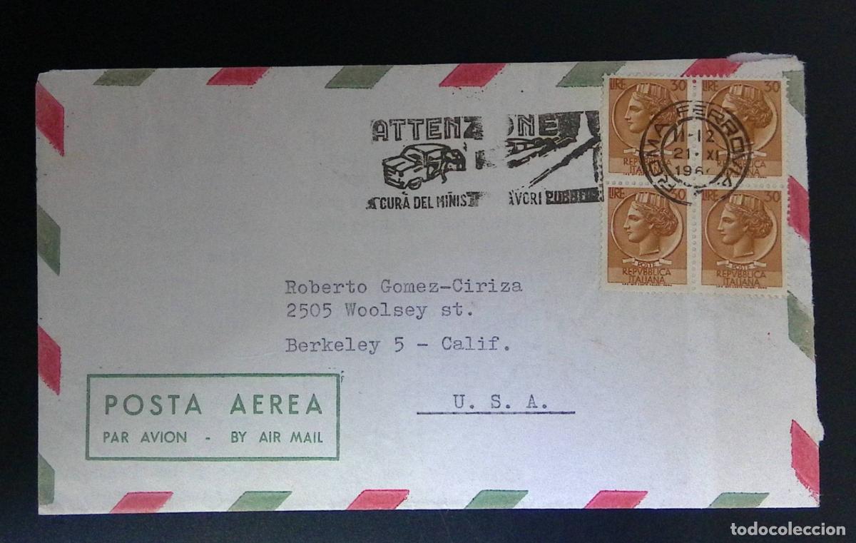 Sellos: CMI) 1961. ITALY. BLOCK OF &rdquo;CLASSIC PORTRAIT&rdquo; COIN STAMPS. AIRMAIL COVER SENT TO THE USA. XF.
