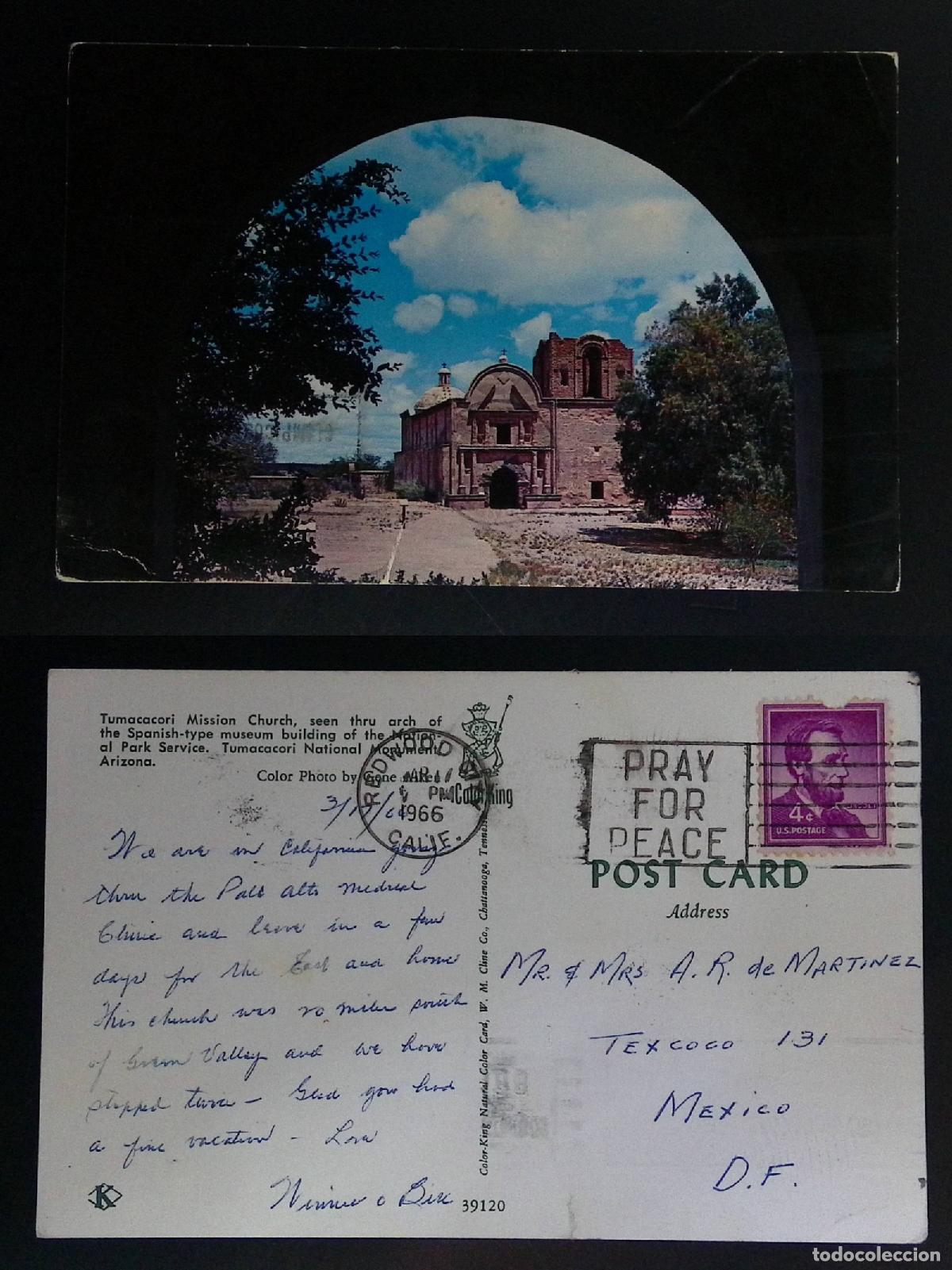 Sellos: CMI) 1966. USA. HISTORIC ARCHITECTURE / VIEW OF THE TUMAC&Aacute;CORI MISSION CHURCH. POSTCARD. ABRAHAM LIN