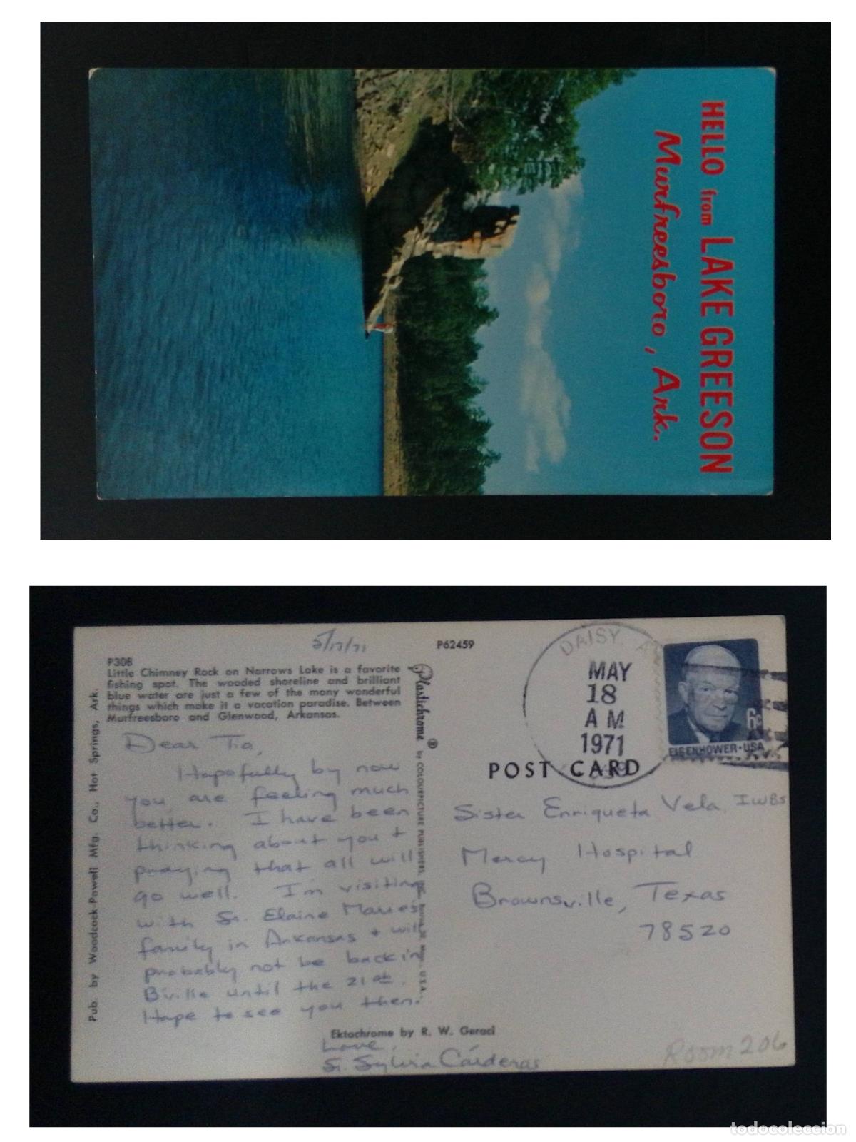 Sellos: CMI) 1971. USA. LITTLE CHIMNEY ROCK FORMATION AT LAKE GREESON. POSTCARD. PORTRAIT OF EISENHOWER. DOM
