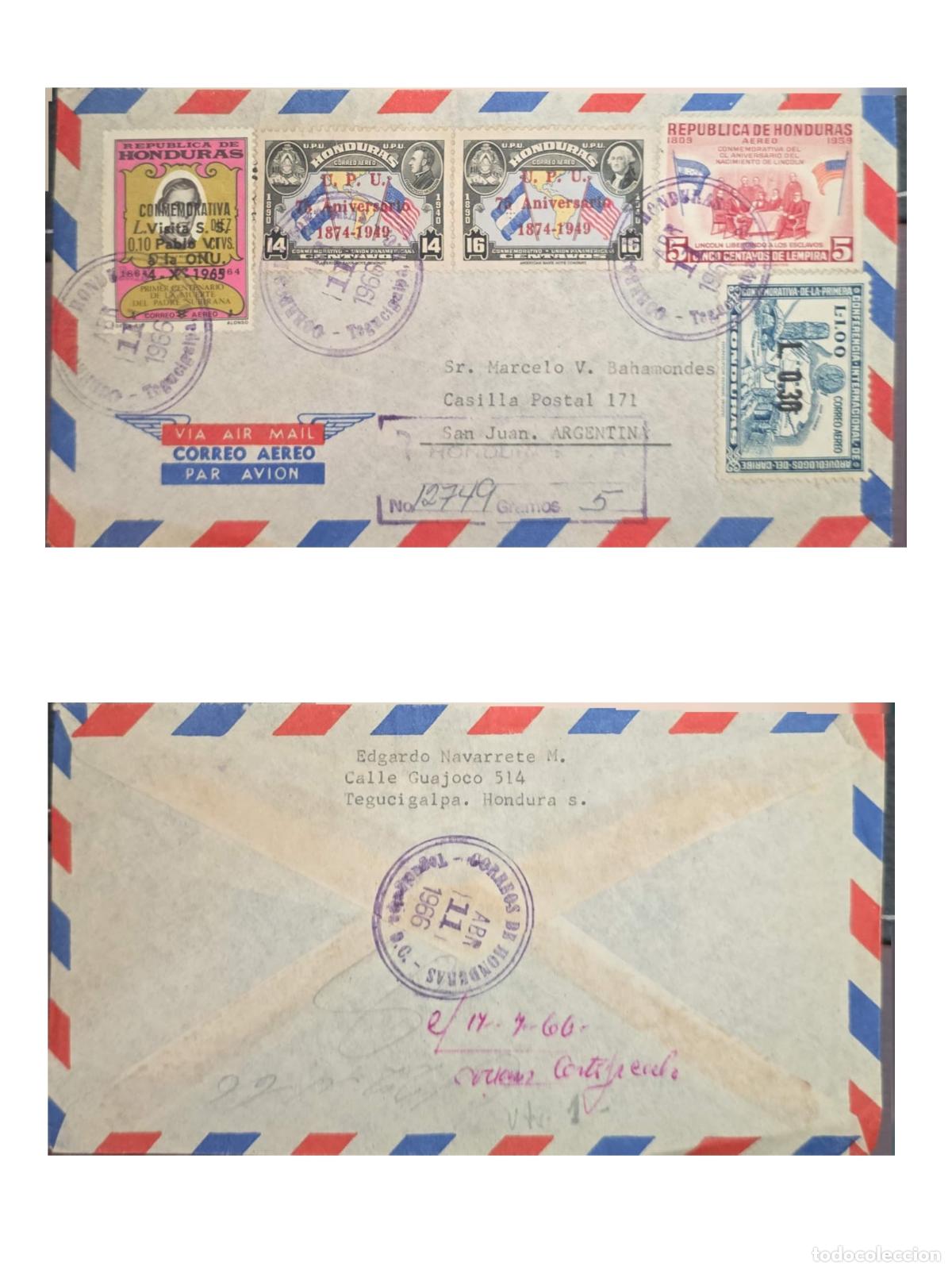 Sellos: CMI) 1966. HONDURAS. PROFILE OF FATHER REYES, UPU EMBLEMS, AND UN LOGO. AIRMAIL COVER SENT TO ARGENT