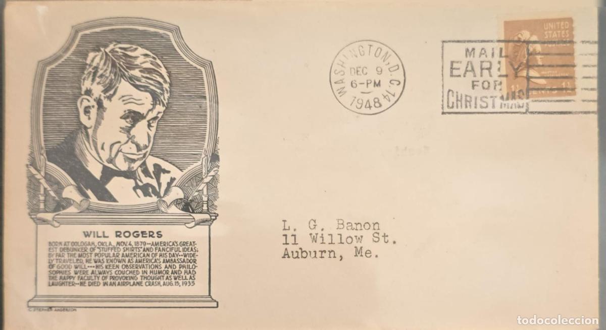Selos: CMI) 1948. UNITED STATES. COMMEMORATIVE PORTRAIT OF THE AMERICAN HUMORIST WILL ROGERS. XF
