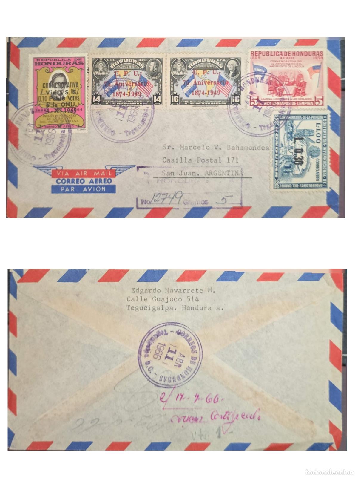 Sellos: CMI) 1966. HONDURAS. UPU EMBLEMS, UN LOGO, AND PORTRAIT OF A HISTORICAL FIGURE. AIRMAIL COVER SENT T