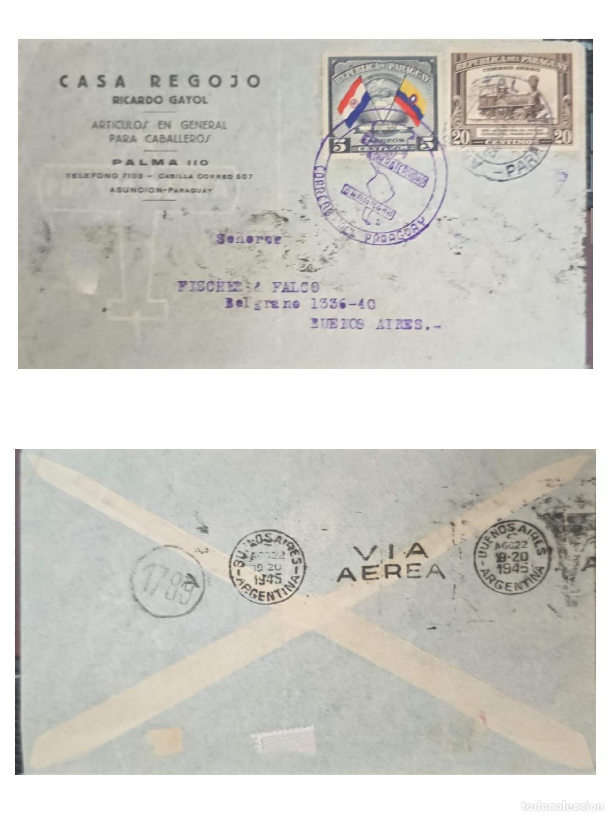 Sellos: CMI) 1945. PARAGUAY. TRICOLOR NATIONAL FLAG OF PARAGUAY AND ASUNCION MONUMENT. AIRMAIL COVER SENT TO