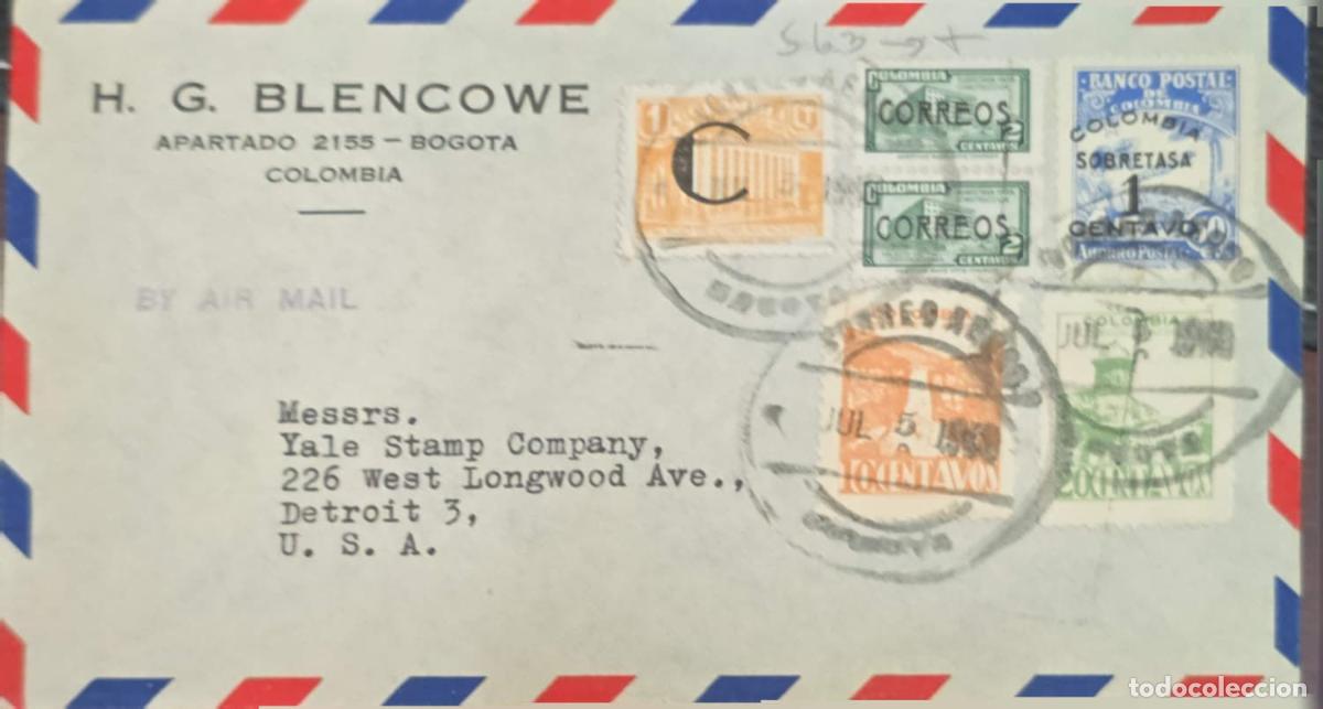 Sellos: CMI) 1945. COLOMBIA. CONTEMPORARY AND RELIGIOUS ARCHITECTURE. POSTAL BANK. AIRMAIL ENVELOPE SENT TO