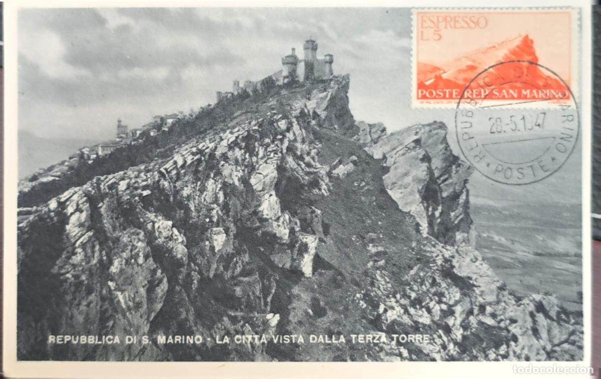Sellos: CMI) 1947. SAN MARINO. ARCHITECTURE. PANORAMIC MOUNTAIN VIEW IN MONOCHROME EXPRESSO DESIGN. POSTCARD