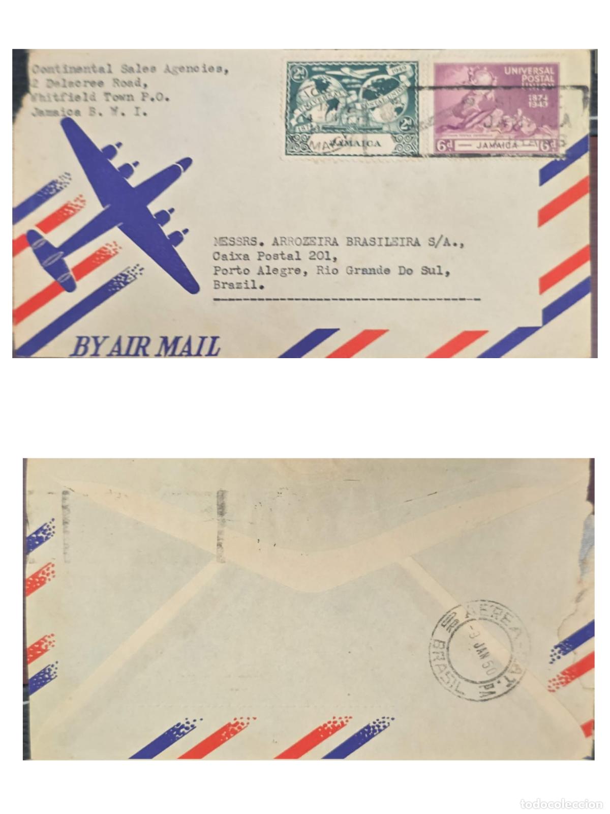 Selos: CMI) 1949. JAMAICA. LIGHT AIRCRAFT VESSEL OVER A GEOGRAPHIC WORLD MAP AND ARCHITECTURAL UPU FACHADE.