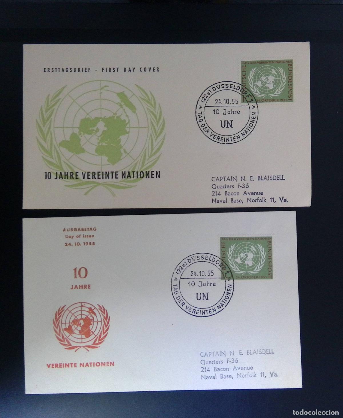 Selos: CMI) 1955. GERMANY. UNITED NATIONS GLOBAL EMBLEM WITH OLIVE BRANCHES IN GREEN COLOR. FDC. 10 YEARS U